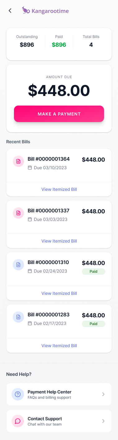 Billing summary screen. Header strip with Outstanding $896, Paid $896, Total Bills 4. Amount Due card showing $448.00 with a Make a Payment primary action. Recent Bills list with four entries (Bill #0000001364 due 03/10/2023 $448.00, #0000001337 due 03/03/2023 $448.00, #0000001310 due 02/24/2023 $448.00 Paid, #0000001283 due 02/17/2023 $448.00 Paid), each with a View Itemized Bill link. Need Help section at the bottom with Payment Help Center and Contact Support entries.