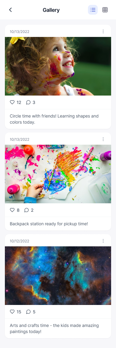 Gallery view showing three dated photo entries from 10/13/2022 and 10/12/2022 (Circle time with friends learning shapes and colors, Backpack station ready for pickup time, Arts and crafts time) each with a heart-like count and comment count below.