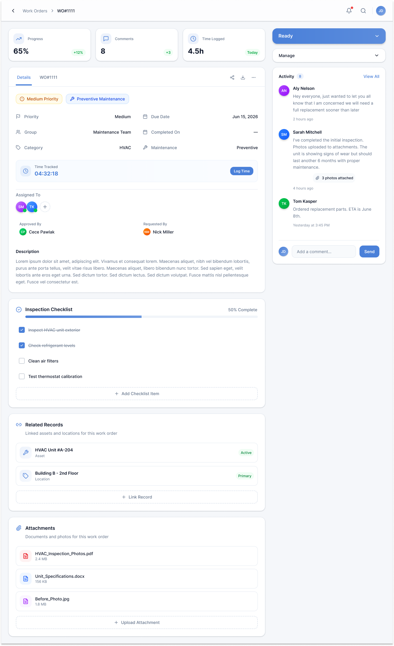 Filled work order WO#1111 with priority, assigned team avatars, an inspection checklist 50% complete, related equipment and location, attachments, and an activity feed of real team comments.