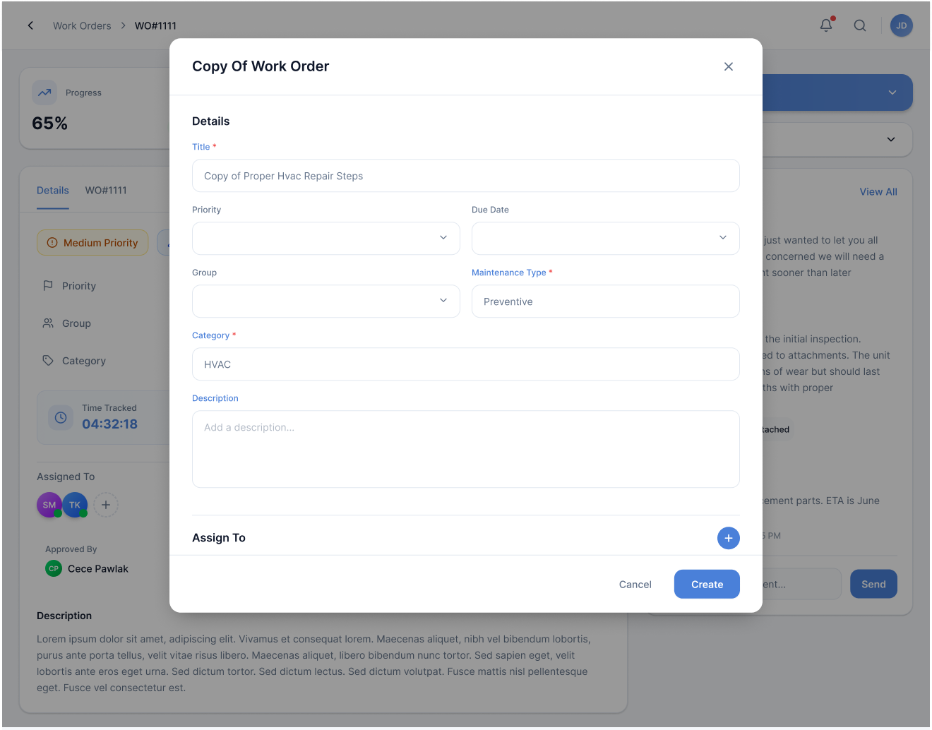 The simplified Copy Work Order modal with title, priority, due date, group, maintenance type, category, description, and assign-to fields in a single focused dialog.