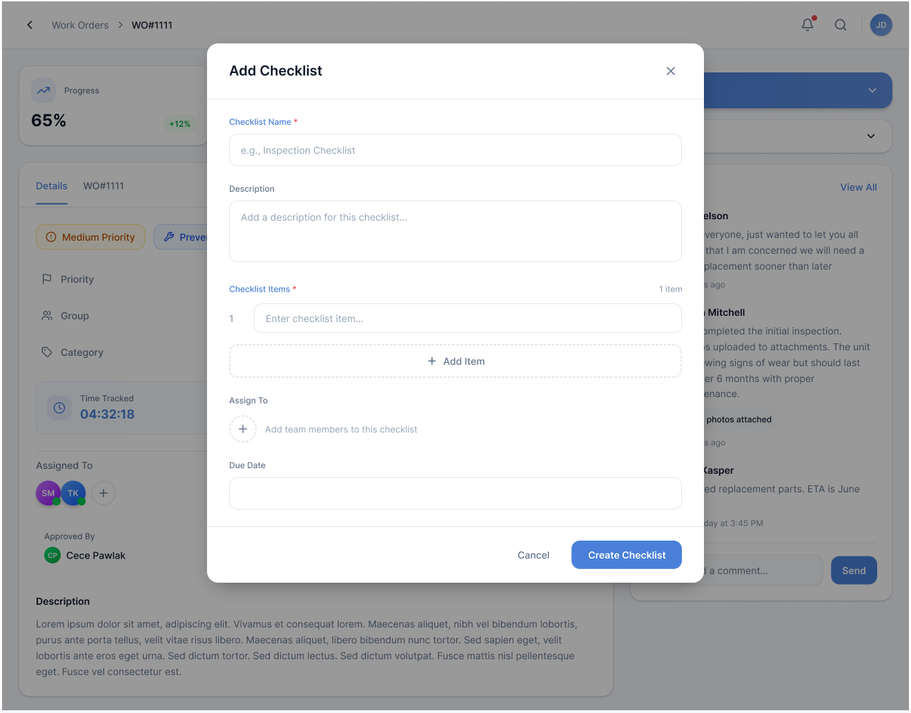 The redesigned Add Checklist modal with focused fields for name, description, items, assignees, and due date — the simplified flow that replaced nested modals.