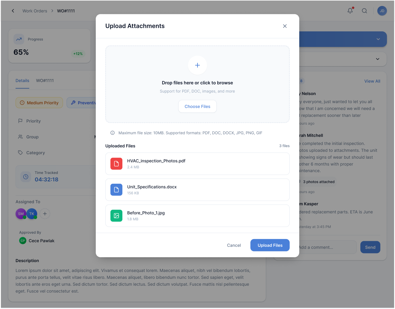 The redesigned Upload Attachments modal with a drop zone and a list of uploaded files showing names and sizes.