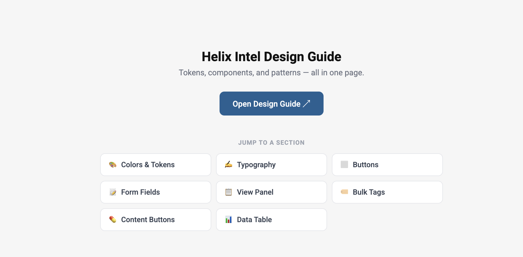 Prototype Playground landing on the Design Guide tab. Header reads 'Helix Intel Design Guide. Tokens, components, and patterns, all in one page.' with an Open Design Guide button and section jumps to Colors & Tokens, Typography, Buttons, Form Fields, View Panel, Bulk Tags, Content Buttons, Data Table.