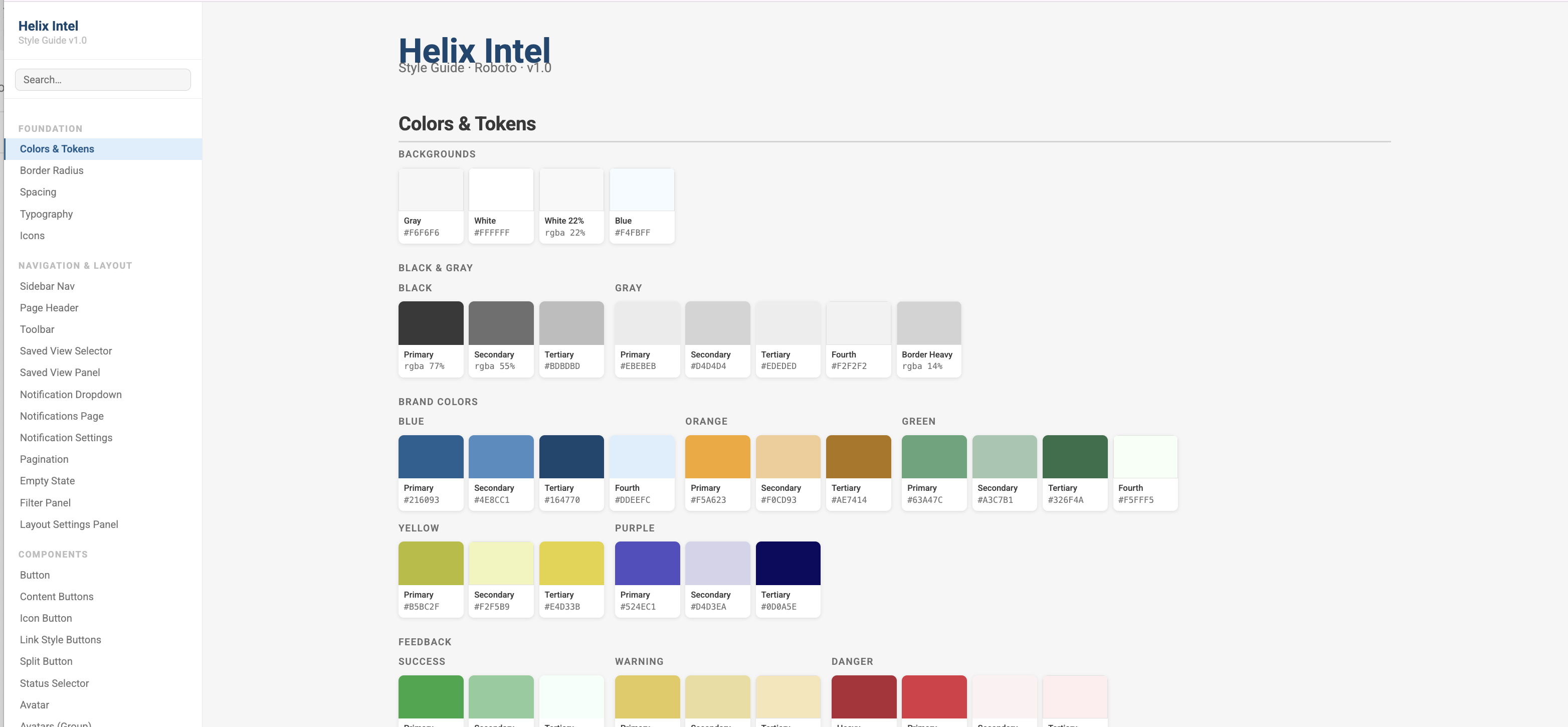 Helixintel Style Guide v1.0 Colors and Tokens foundation page. Sidebar lists Foundation (Colors & Tokens, Border Radius, Spacing, Typography, Icons), Navigation & Layout, Components. Main panel shows the full brand palette: Backgrounds, Black & Gray scale, Brand Colors (Blue, Orange, Green, Yellow, Purple), Feedback (Success, Warning, Danger). Each swatch is labeled with name and hex.