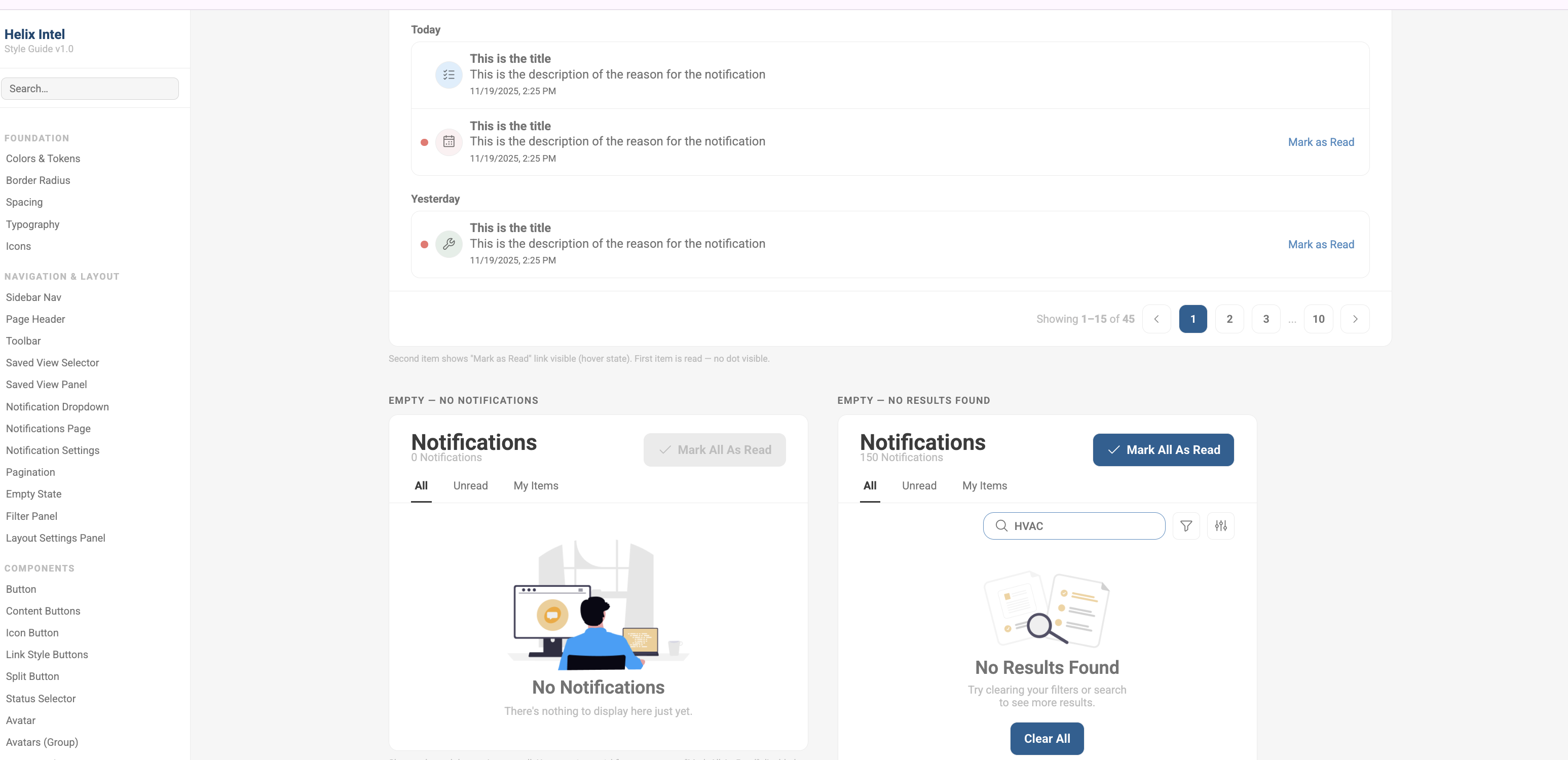 Design Guide notifications components and empty states. Today and Yesterday notification lists with read/unread states, Mark as Read links, timestamps, and pagination (showing 1-15 of 45). Below: two empty states. No Notifications with a person-at-desk illustration. No Results Found after searching HVAC with documents illustration and Clear All button.
