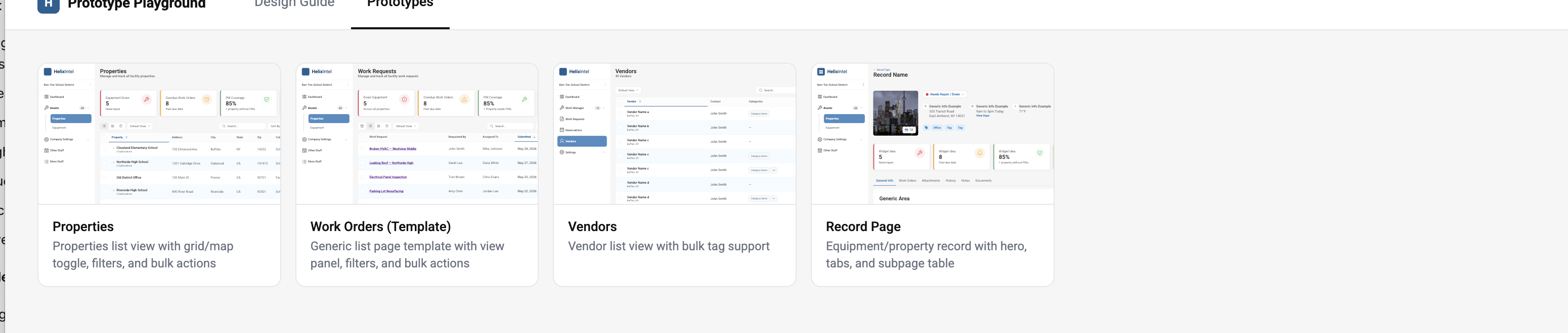 Prototype Playground showing the Prototypes tab with four functional prototype cards. Properties (list view with grid/map toggle, filters, bulk actions). Work Orders Template (generic list page with view panel and filters). Vendors (vendor list with bulk tag support). Record Page (equipment/property record with hero, tabs, subpage table).