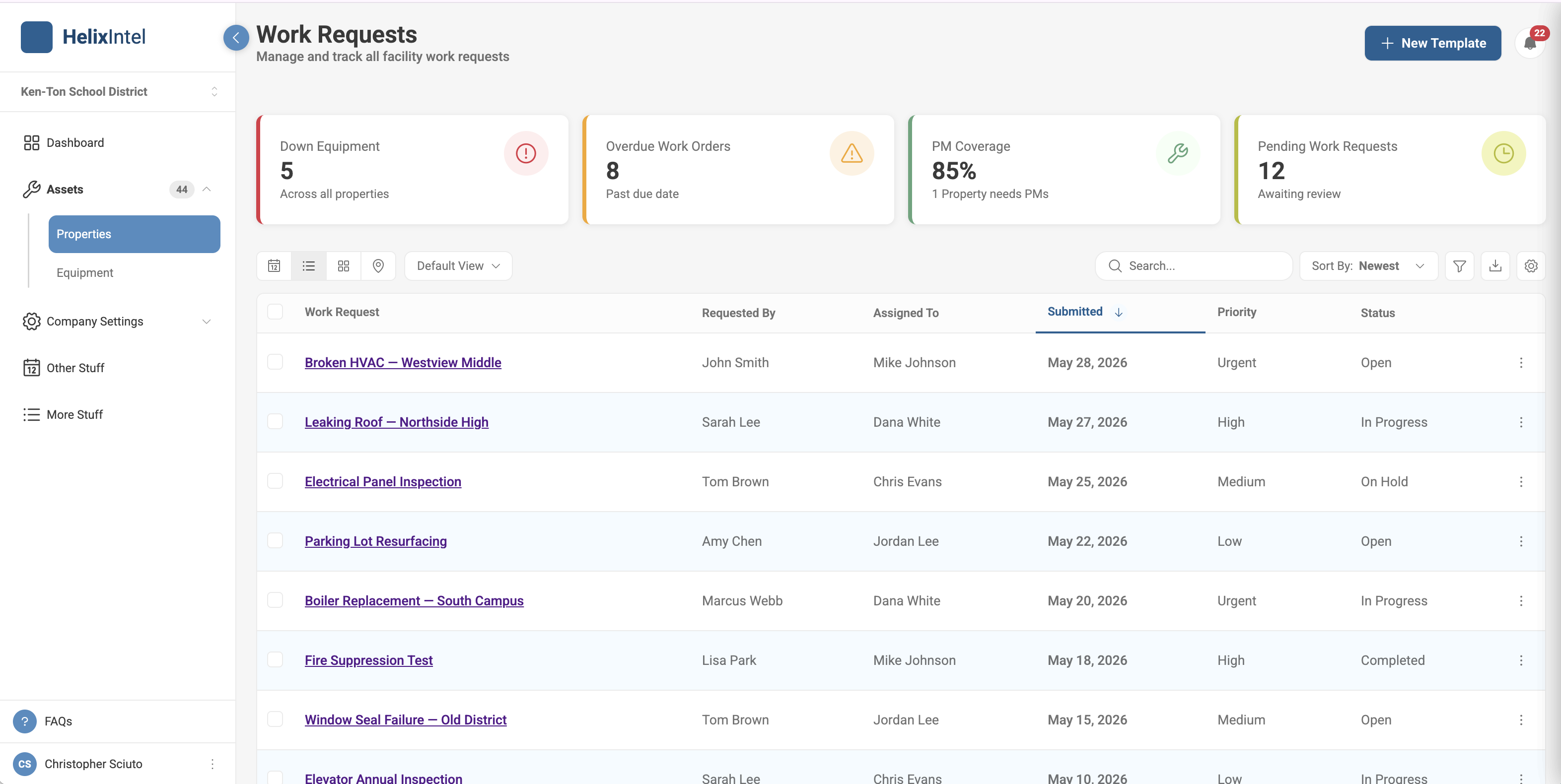 The Work Requests prototype in action. Helixintel sidebar with Ken-Ton School District selected, KPI strip across the top (Down Equipment 5, Overdue Work Orders 8, PM Coverage 85%, Pending Work Requests 12), and a sortable table of work requests with priority and status pills.