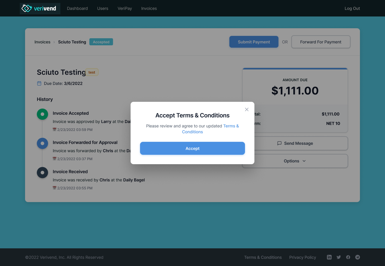 Verivend Accept Terms and Conditions modal overlay on the invoice detail. Modal asks the user to review and agree to updated Terms and Conditions before any money moves. Accept button at the bottom.