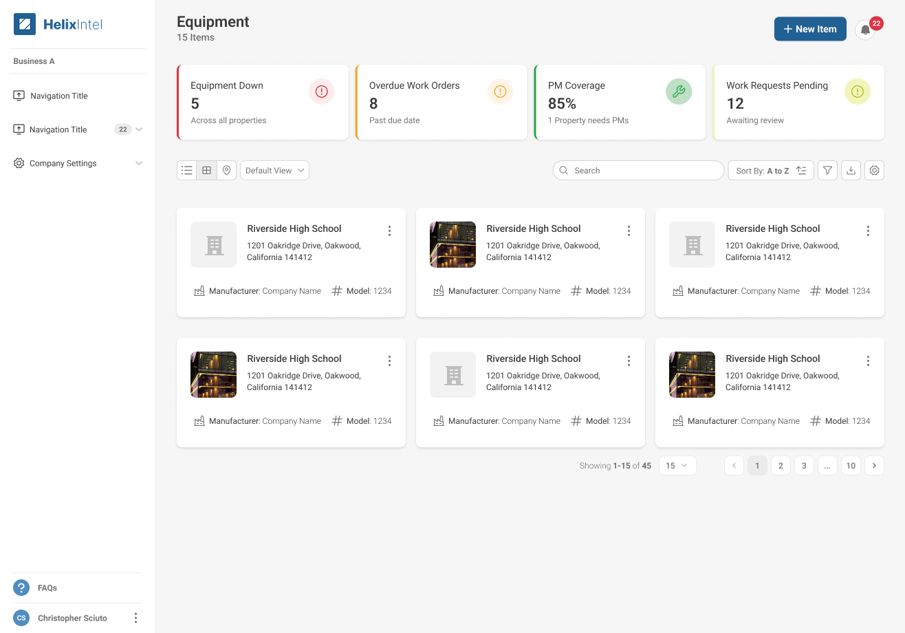 Helix CMMS Equipment web view with the same KPI bar pattern and a card grid for equipment items