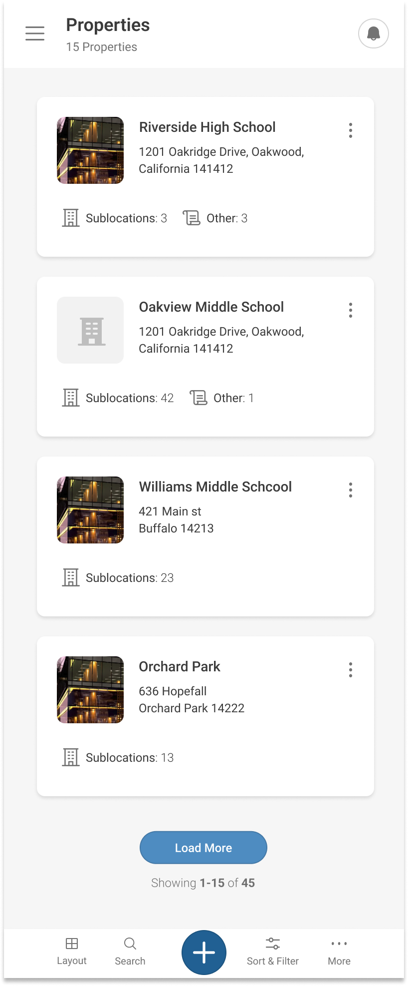 Mobile Properties list view with full-bleed record cards optimized for thumb reach and gloved hands