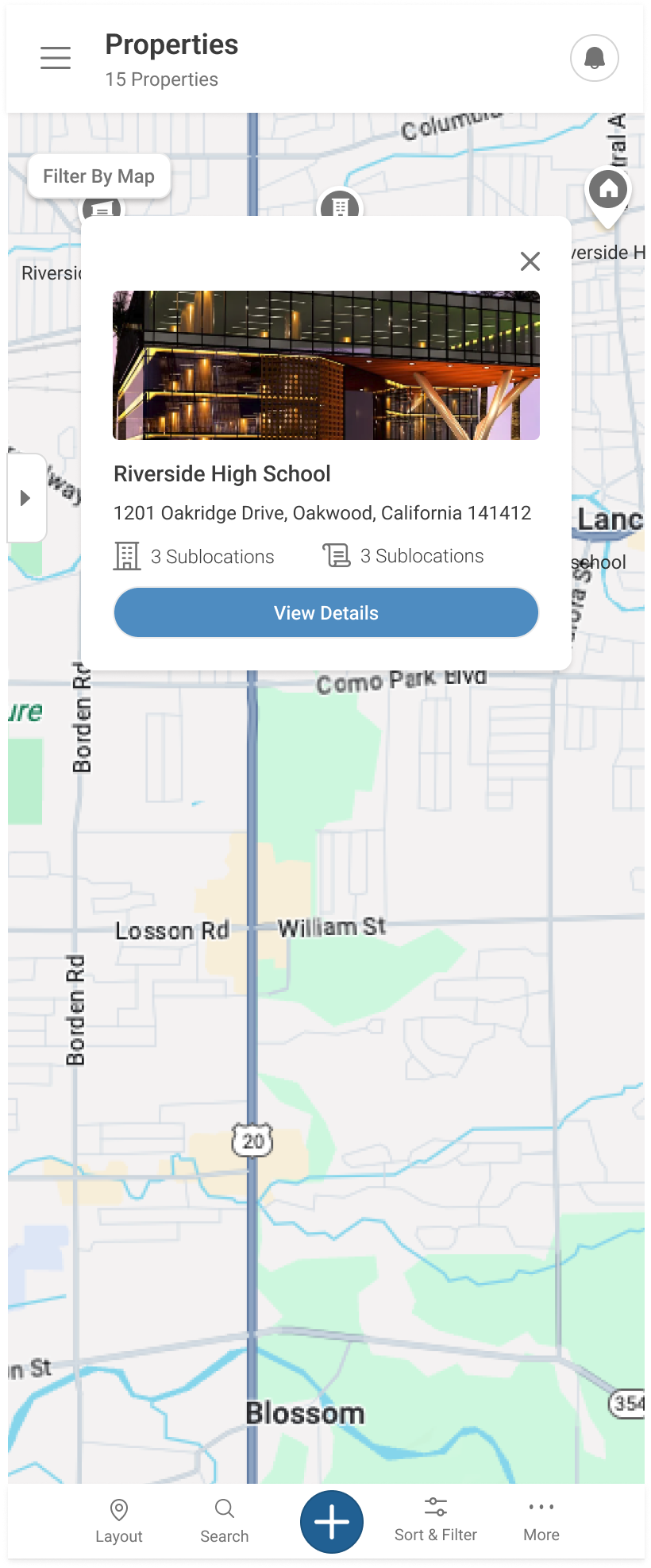 Mobile Properties map view with a selected property pin and a popover card showing address and View Details action