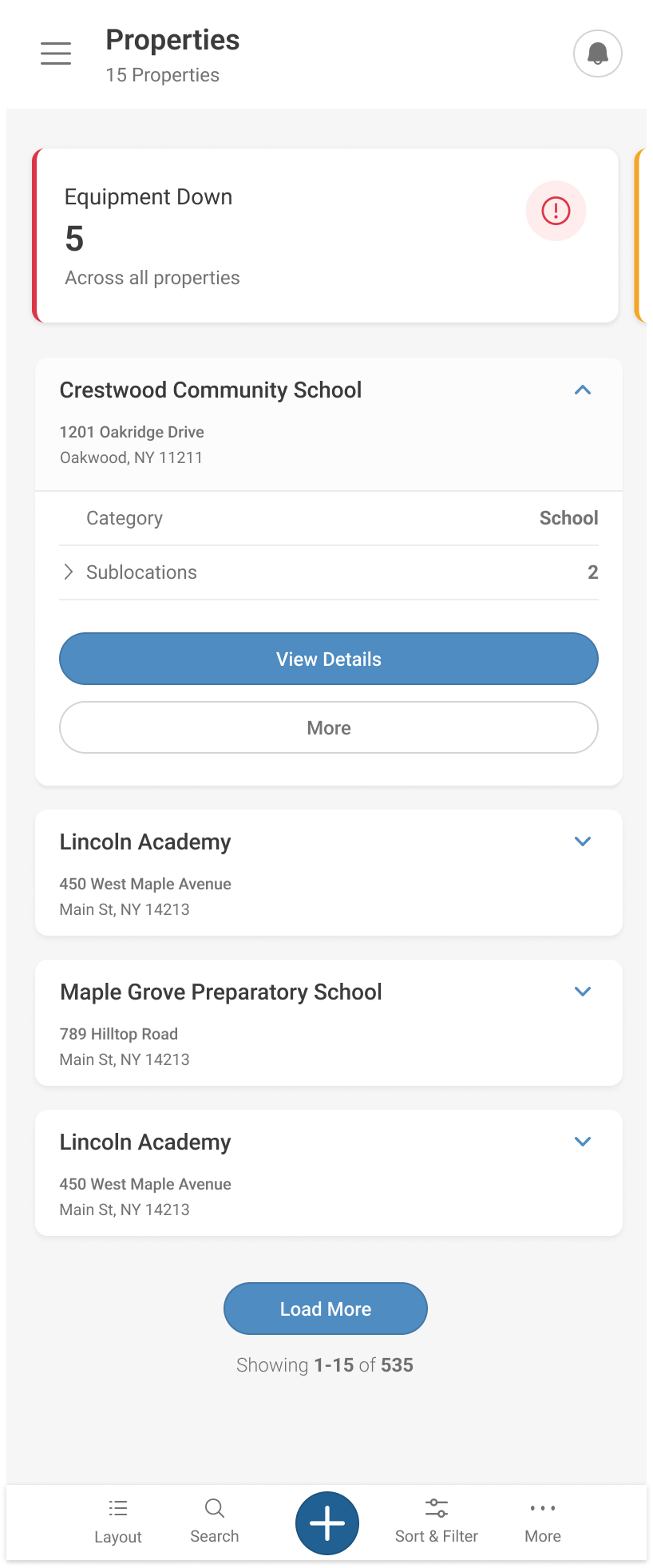 Mobile property detail view expanded inline with category, sublocations, and prominent View Details and More buttons