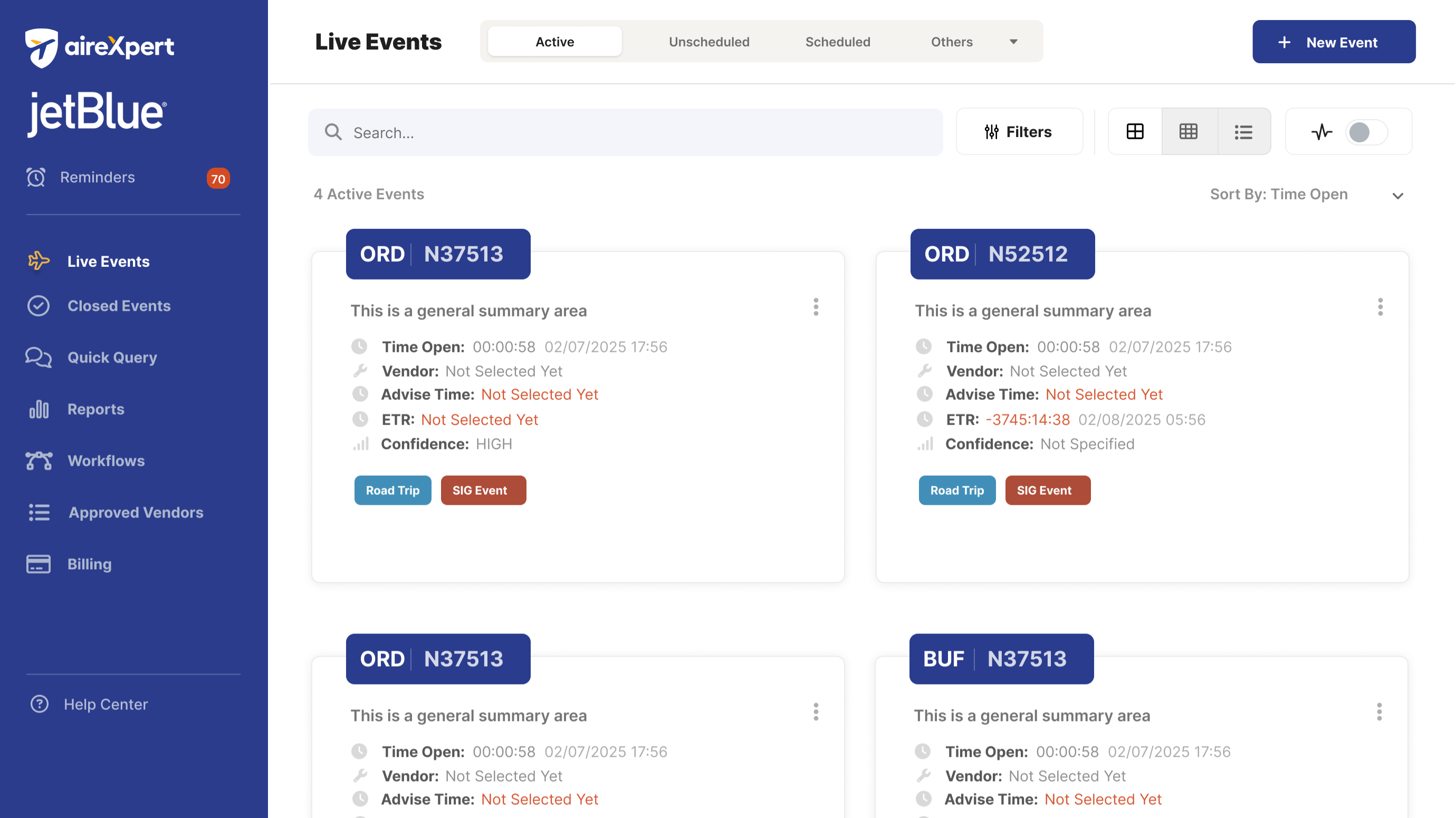 AirExpert Live Events view for jetBlue showing maintenance events as cards with airport-and-tail-number badges, time-open, vendor, and confidence indicators