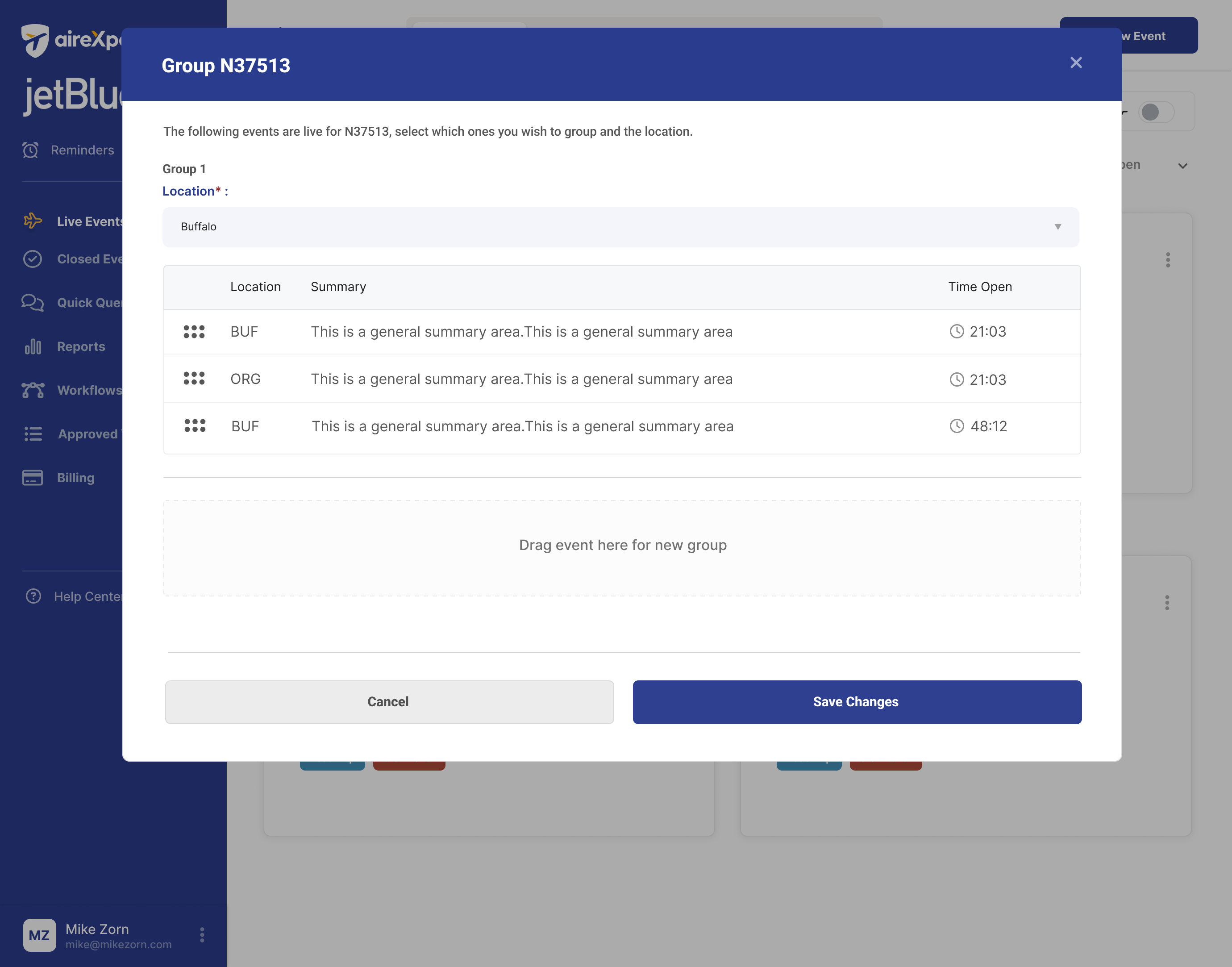 Group N37513 modal complete state with Buffalo location selected and three events grouped, Save Changes button active