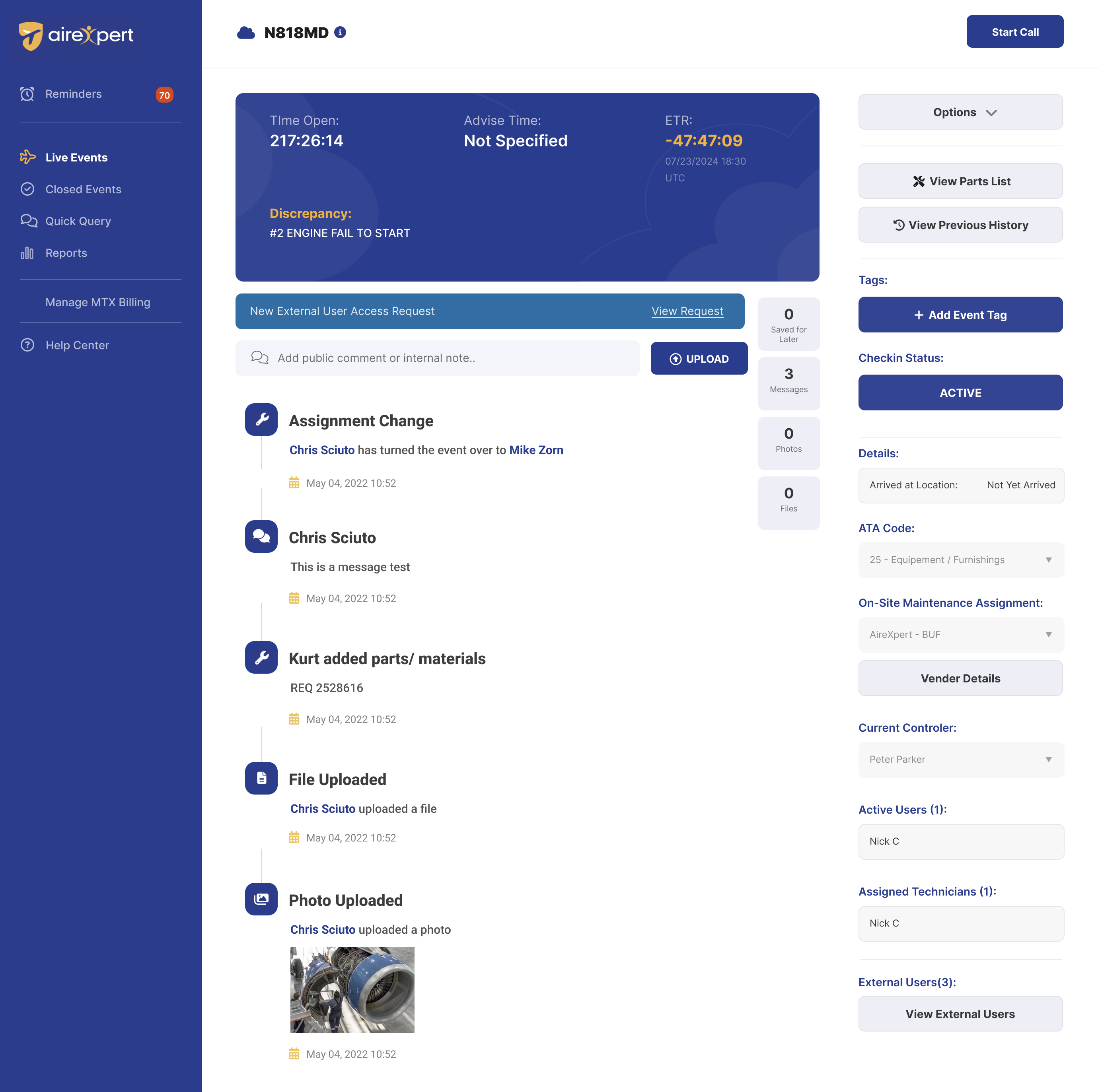 AirExpert event detail page for N818MD showing the rebuilt ticket header with discrepancy, External User Access Request banner, activity feed, and right-rail context for remote helpers