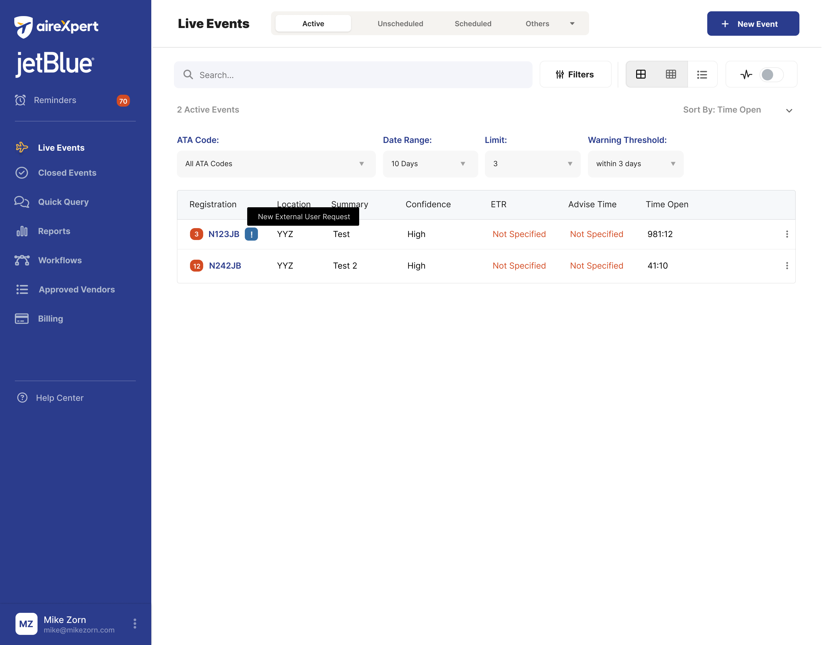 Live Events table showing two active jetBlue events with a New External User Request badge surfaced on the row that needs attention