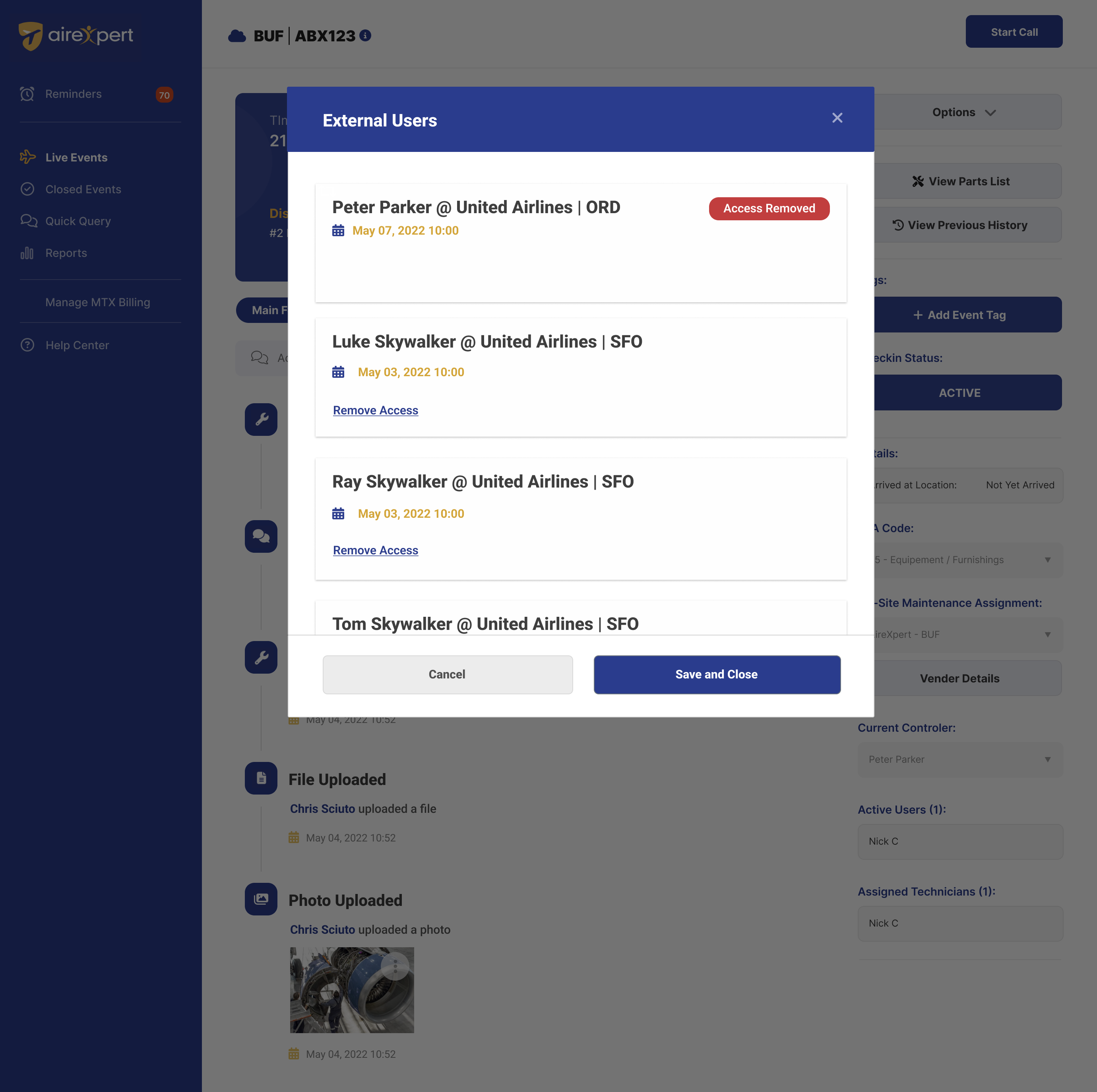External Users modal listing remote contributors from ORD and SFO with Access Removed and Remove Access controls per row